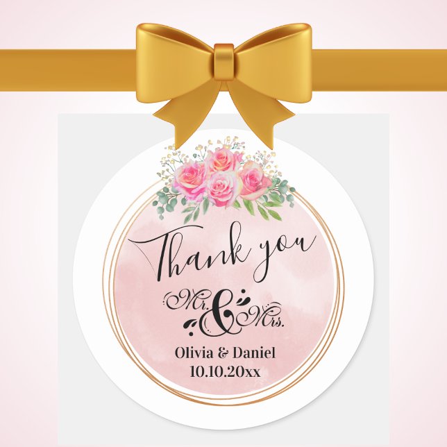 Elegant Mr and Mrs Blush Pink Flowers Wedding Classic Round Sticker (Creator Uploaded)
