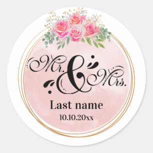 Elegant Mr and Mrs Blush Pink Flowers Wedding Classic Round Sticker