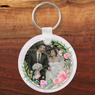 Elegant Mr and Mrs Blush Pink Flowers Wedding Key Ring