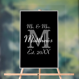 Elegant Mr and Mrs Name Black Acrylic Sign