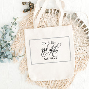 Elegant Mr and Mrs Name Black Wedding Tote Bag