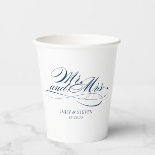 Elegant Mr and mrs Navy blue calligraphy wedding Paper Cups