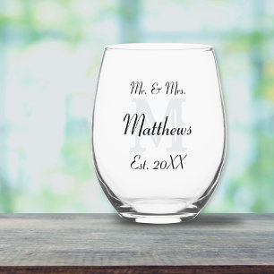 Elegant Mr and Mrs Newlywed Black Typography Stemless Wine Glass
