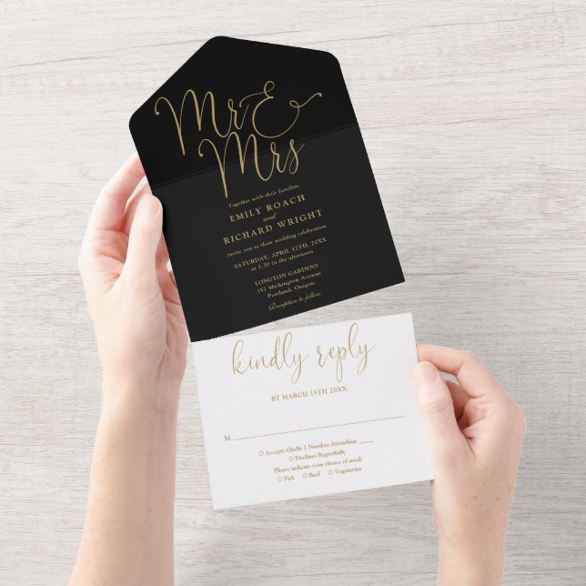 Elegant Mr And Mrs Script Black And Gold Wedding All In One Invitation (Tearaway)
