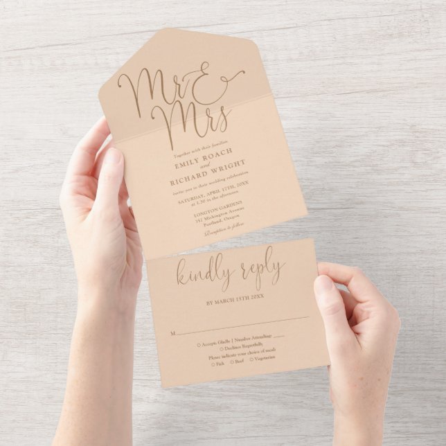 Elegant Mr And Mrs Script Soft Peach Wedding All In One Invitation (Tearaway)