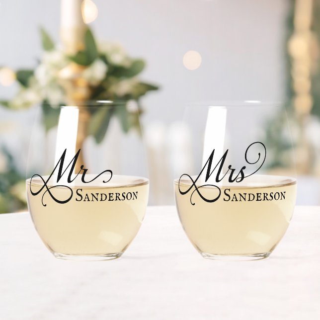 Elegant Mr and Mrs  Stemless Wine Glass (Insitu (Wedding))