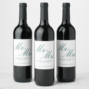 Elegant Mr and Mrs Teal White Wedding Wine Label