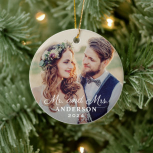 Elegant Mr and Mrs Wedding Custom Photo Monogram Ceramic Ornament