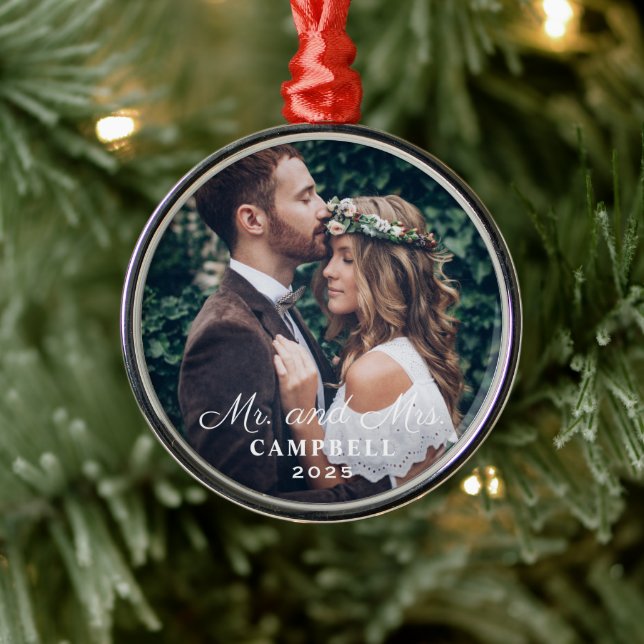 Elegant Mr and Mrs Wedding Custom Photo Monogram Metal Ornament (Tree)