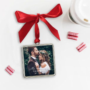 Elegant Mr and Mrs Wedding Custom Photo Monogram Metal Ornament
