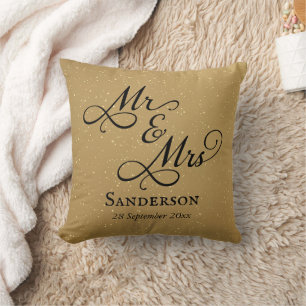 Elegant Mr and Mrs Wedding Gold Cushion