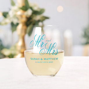 Elegant Mr and Mrs wedding personalized azure blue Stemless Wine Glass