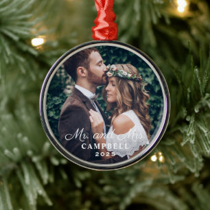 Elegant Mr. and Mrs. Wedding Photo White Monogram Metal Ornament