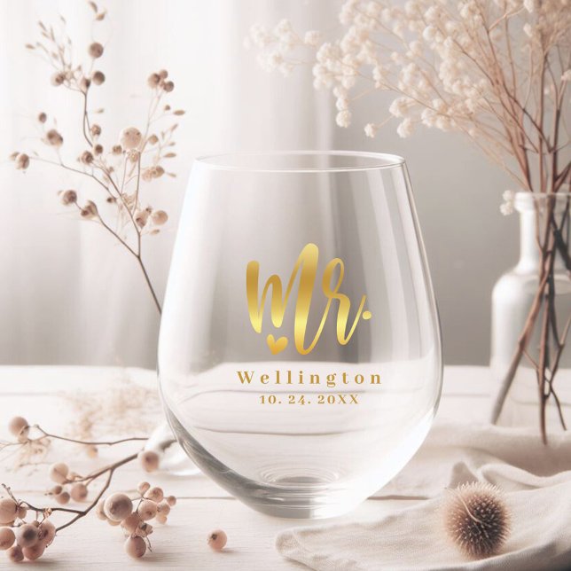 Elegant Mr. Gold Calligraphy Heart Wedding Stemless Wine Glass (Creator Uploaded)
