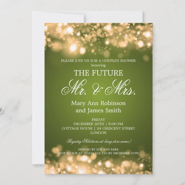 Elegant Mr Mrs Couples Shower Gold Sparkle Lights Invitation (Front)