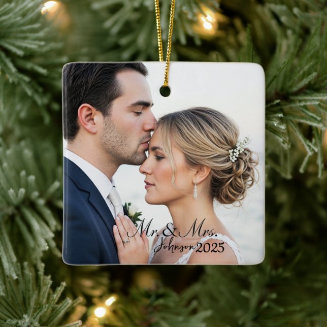 Elegant Mr. & Mrs. Custom Wedding Photo Monogram  Ceramic Ornament (Tree)