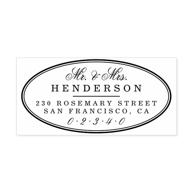 Elegant Mr & Mrs Family Name Script Oval Wedding Rubber Stamp (Imprint)