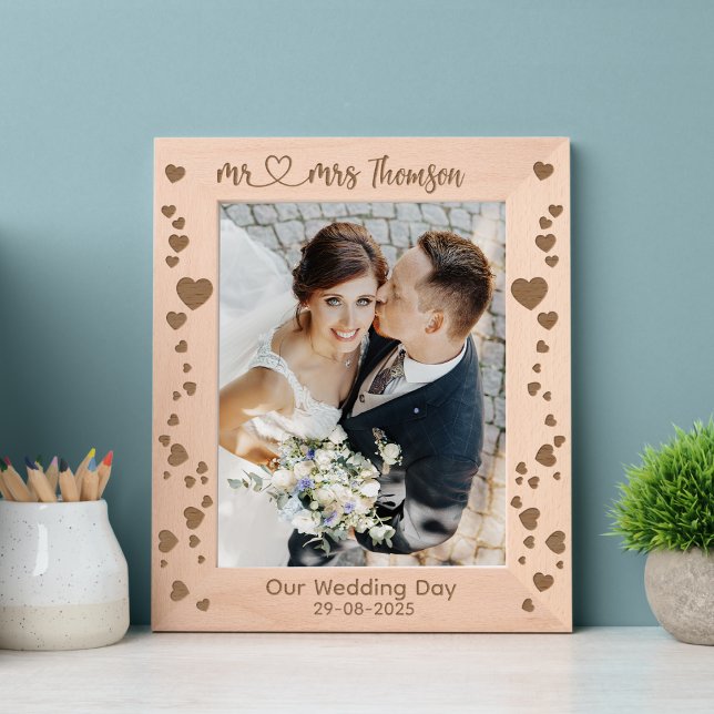 Elegant Mr & Mrs Heart Wedding Newlywed Couple  Etched Frames (mr and mrs newlywed gifts calligraphy newly weds just married keepsake couple bride groom heart love)