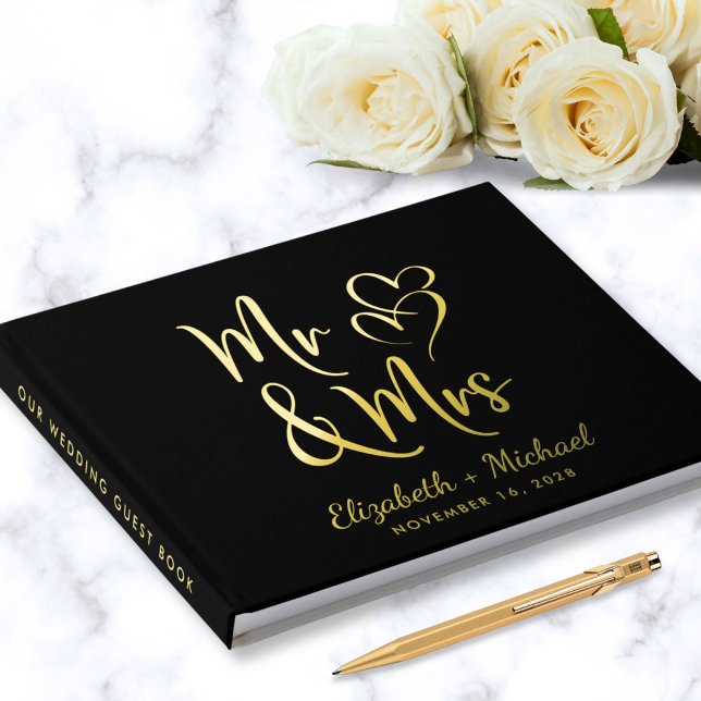 Elegant Mr Mrs Photo Black Wedding Guest Book (Creator Uploaded)