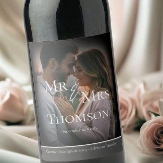Elegant Mr & Mrs photo dark grey winter wedding Wine Label
