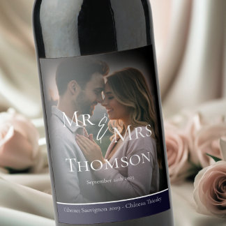 Elegant Mr & Mrs photo dark navy winter wedding Wine Label