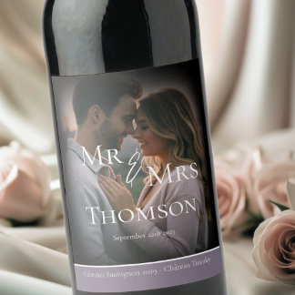Elegant Mr & Mrs photo dark purple winter wedding Wine Label