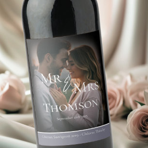 Elegant Mr & Mrs photo gloomy grey winter wedding Wine Label