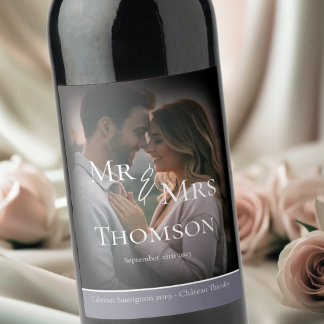 Elegant Mr & Mrs photo gloomy grey winter wedding Wine Label