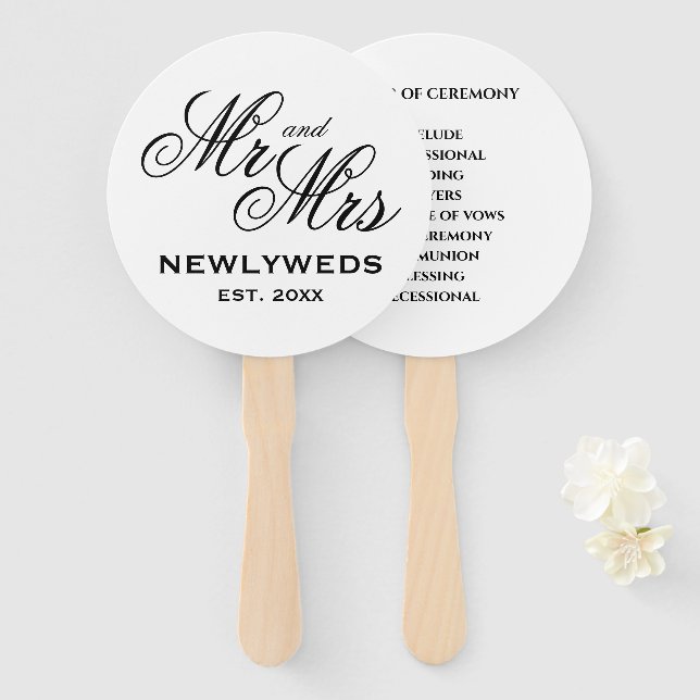 Elegant Mr Mrs wedding ceremony program schedule Hand Fan (Front and Back)