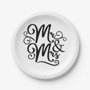 Elegant Mr & Mrs Wedding Just Married Black White Paper Plate