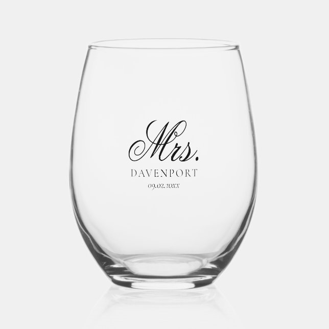 Elegant Mr. & Mrs. Wedding Keepsake Gift Stemless Wine Glass (Front)