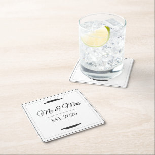 Elegant Mr & Mrs Wedding Modern Minimalist Favour Square Paper Coaster