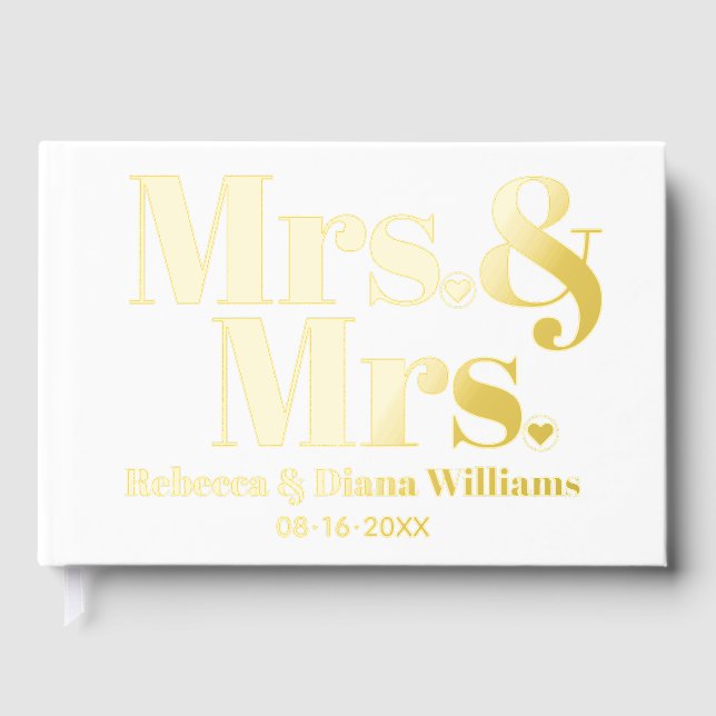 Elegant Mrs. and Mrs. lesbian white wedding Guest Book (Front)