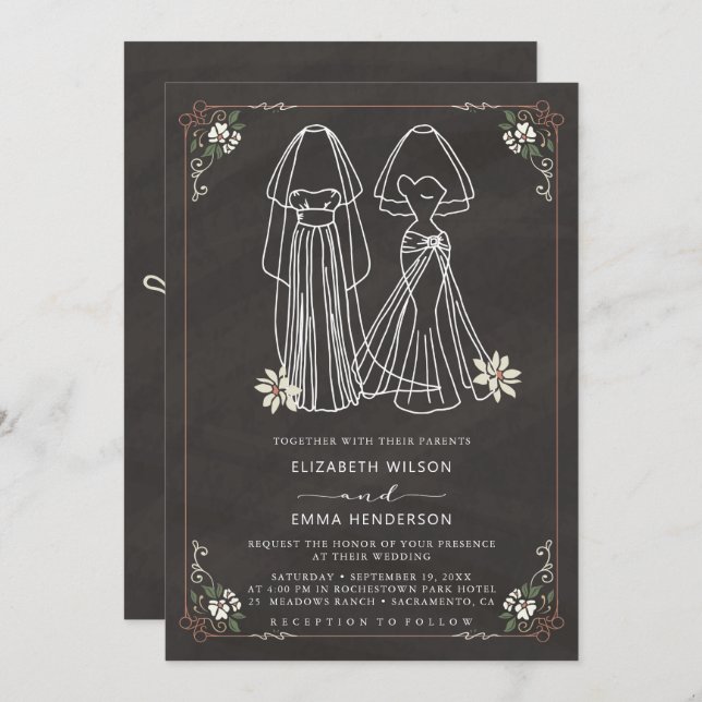 Elegant Mrs & Mrs Chalkboard Wedding Invitation (Front/Back)