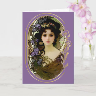 Elegant Mucha Style Portrait of a Beautiful Woman Card