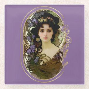 Elegant Mucha Style Portrait of a Beautiful Woman Glass Coaster