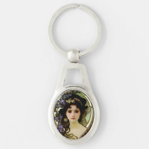 Elegant Mucha Style Portrait of a Beautiful Woman Key Ring
