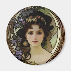 Elegant Mucha Style Portrait of a Beautiful Woman Magnet
