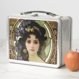 Elegant Mucha Style Portrait of a Beautiful Woman Metal Lunch Box