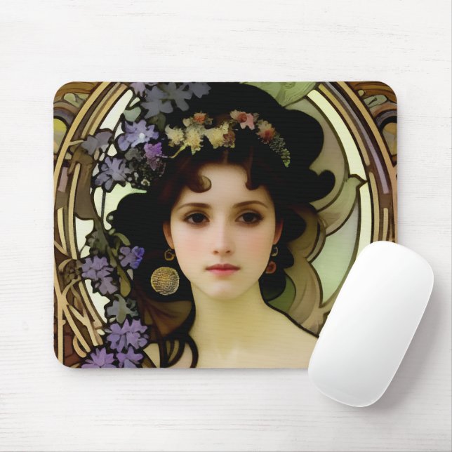Elegant Mucha Style Portrait of a Beautiful Woman Mouse Pad (With Mouse)