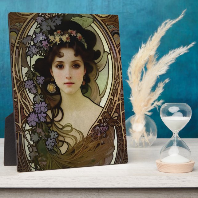Elegant Mucha Style Portrait of a Beautiful Woman Plaque (Side)