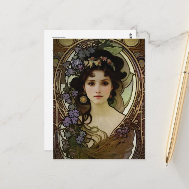 Elegant Mucha Style Portrait of a Beautiful Woman Postcard (Front/Back In Situ)