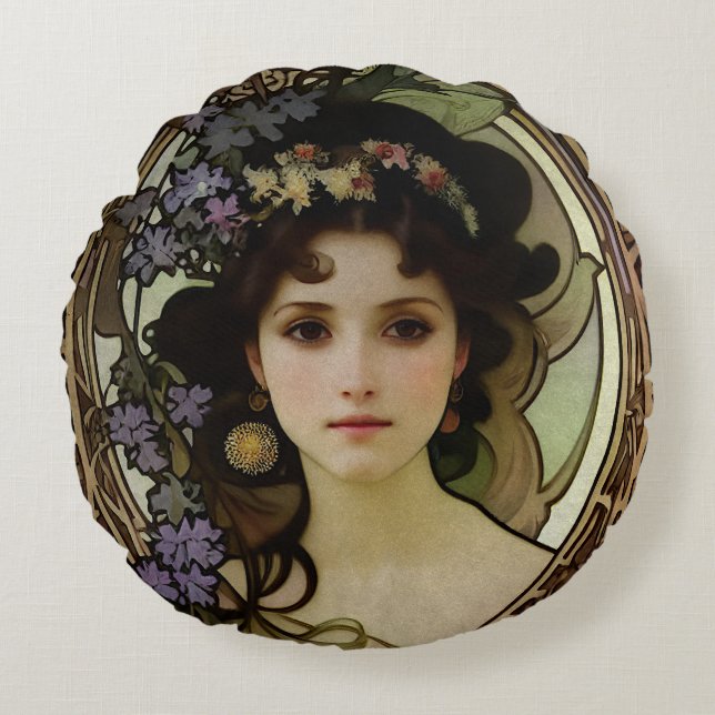 Elegant Mucha Style Portrait of a Beautiful Woman  Round Cushion (Front)