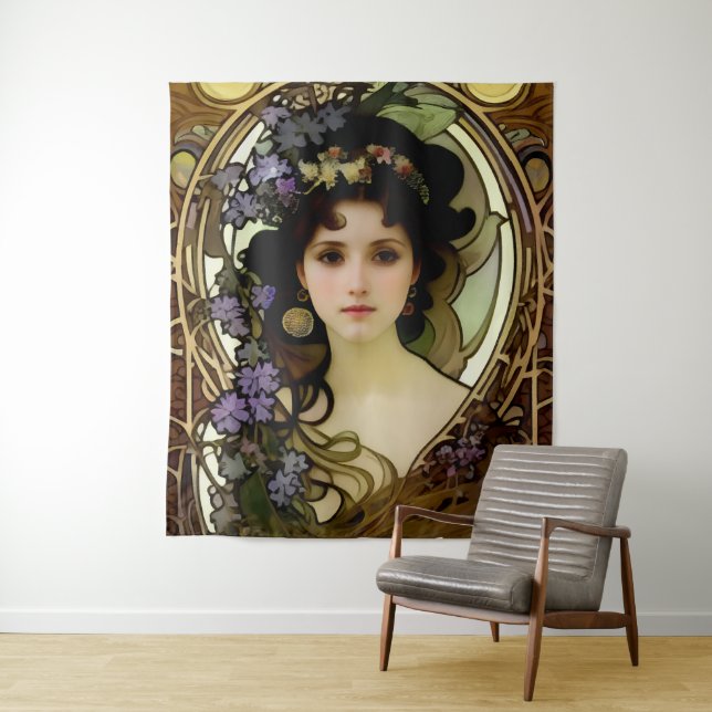 Elegant Mucha Style Portrait of a Beautiful Woman Tapestry (In Situ)