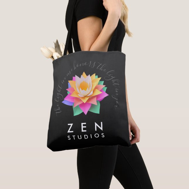 Elegant Multi-Coloured Lotus Flower on Black Tote Bag (Close Up)