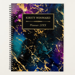 Elegant Multi Colours & Gold Galaxy Marble Monogra Planner
