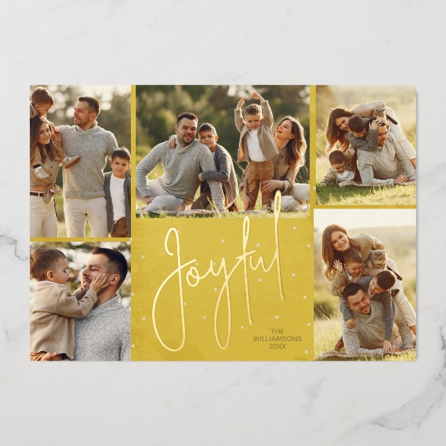 Elegant Multi Photo Joyful Gold Foil Holiday Card (Front)