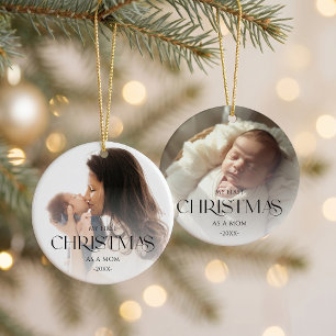Elegant Mum and Baby First Christmas Dual Photo Ceramic Ornament