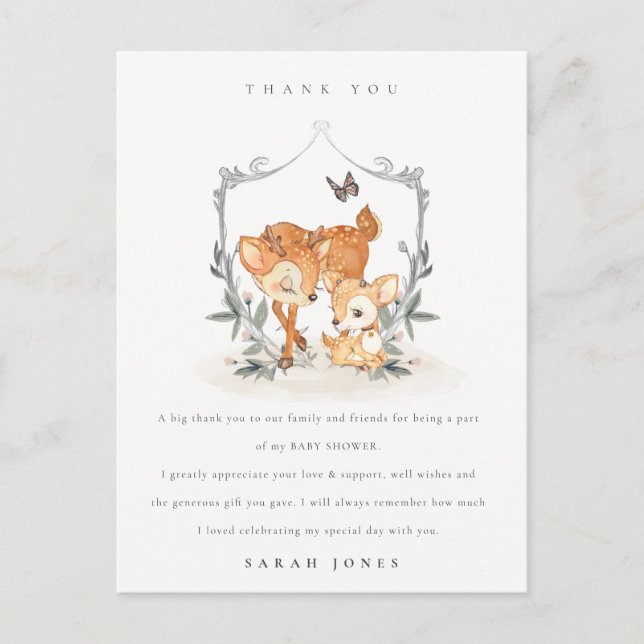 Elegant Mum Deer Fawn Floral Crest Baby Shower Postcard (Front)