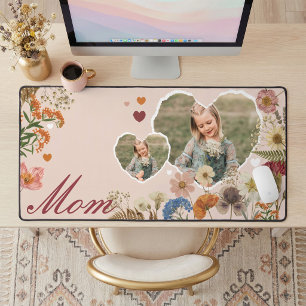 Elegant Mum Floral Wildflower Heart Photo Collage Desk Mat
